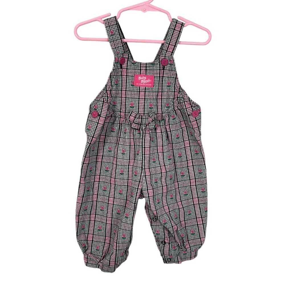 VTG 90s Oshkosh Overalls 12M Girls Plaid Floral Black Pink USA Vestbak Cotton